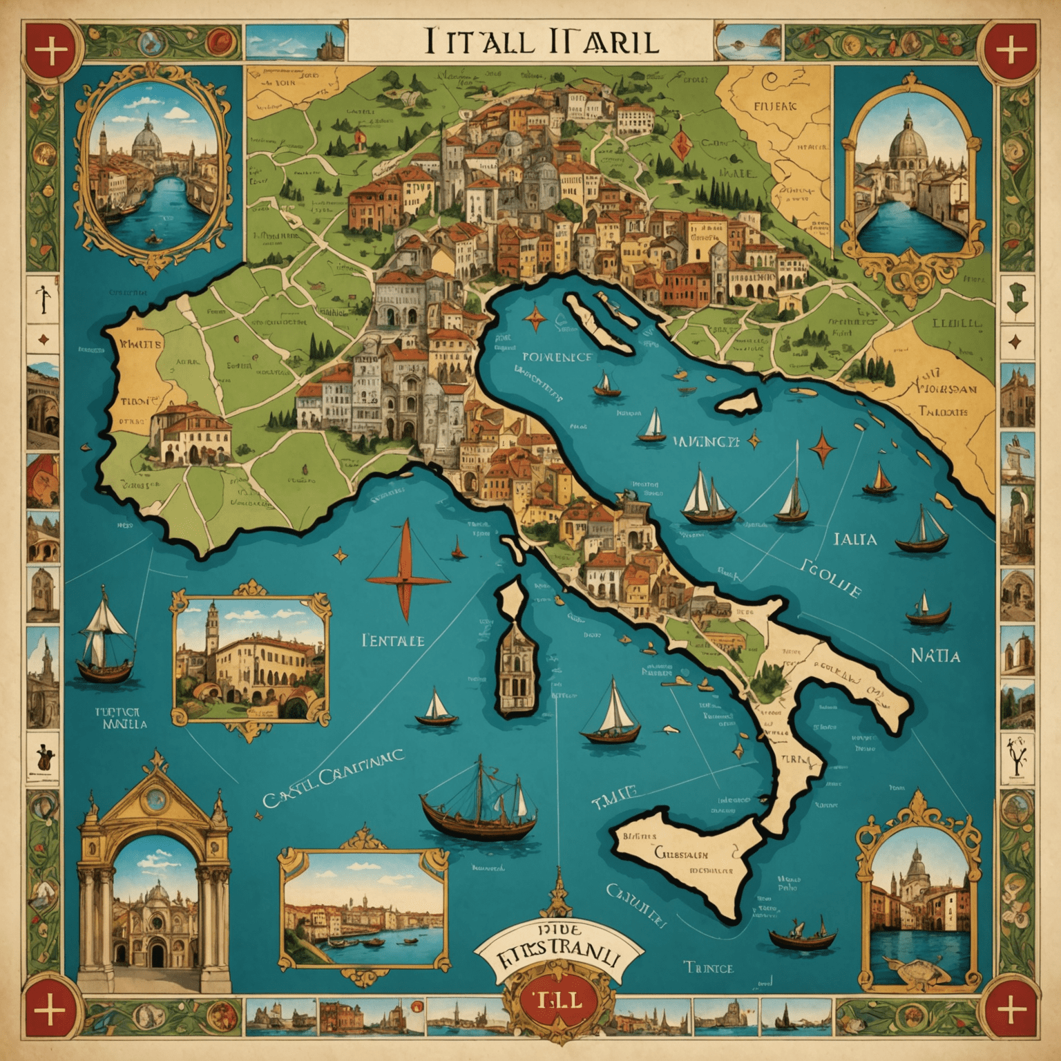 Un'immagine che mostra una mappa stilizzata dell'Italia con diverse carte dei tarocchi posizionate su Milano, Venezia, Firenze e Napoli. Ogni carta rappresenta uno stile regionale unico.