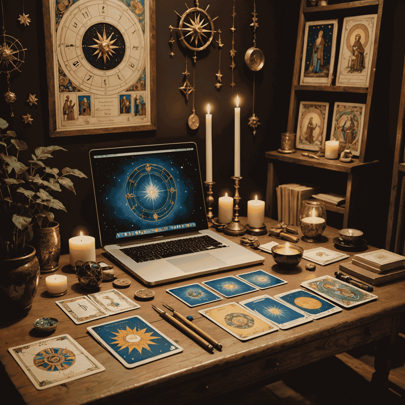 Un'immagine di un moderno studio di cartomanzia italiano, con tarocchi tradizionali disposti accanto a strumenti astrologici e un computer che mostra un oroscopo personale.